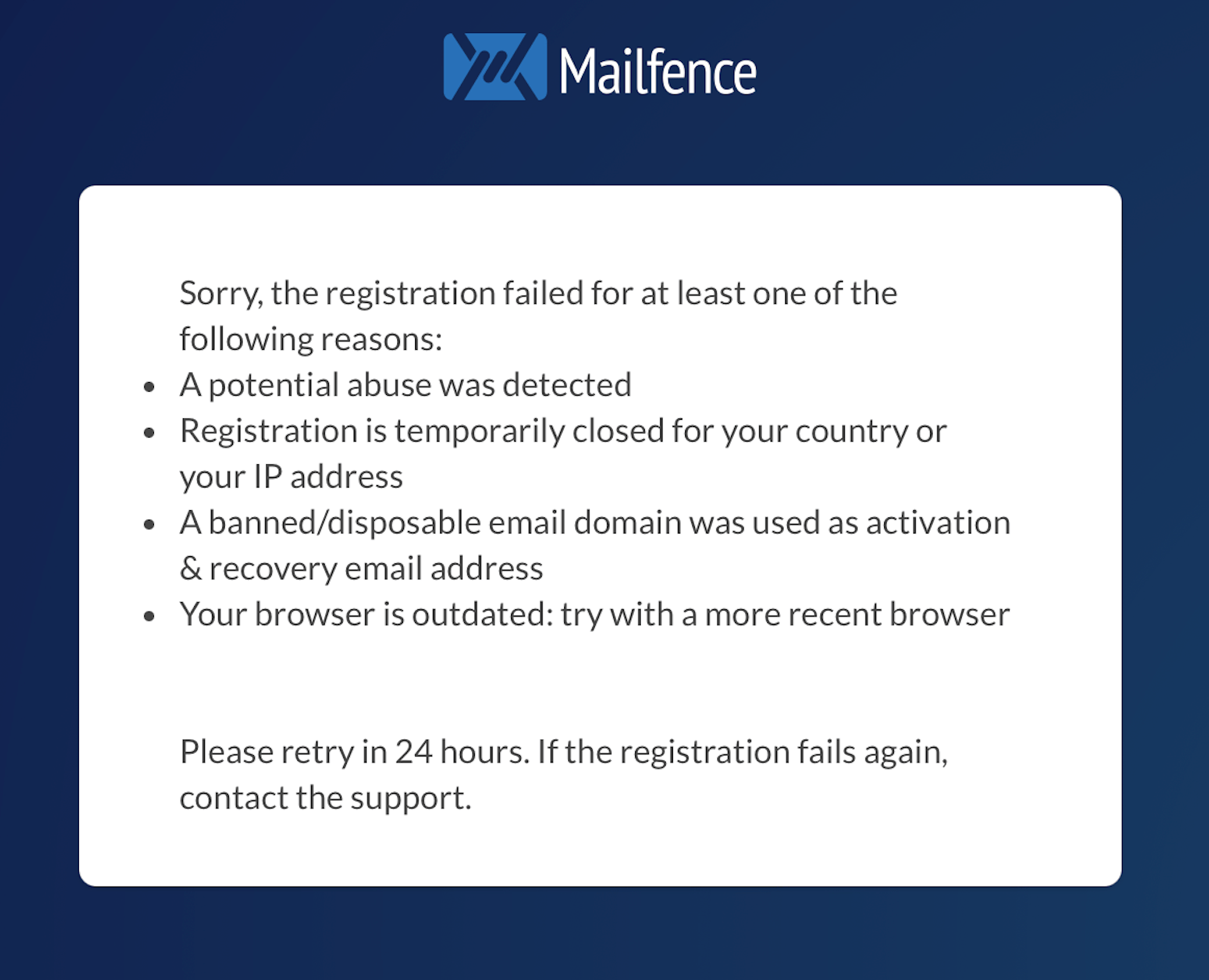 Mailfence Registrierungsfehler