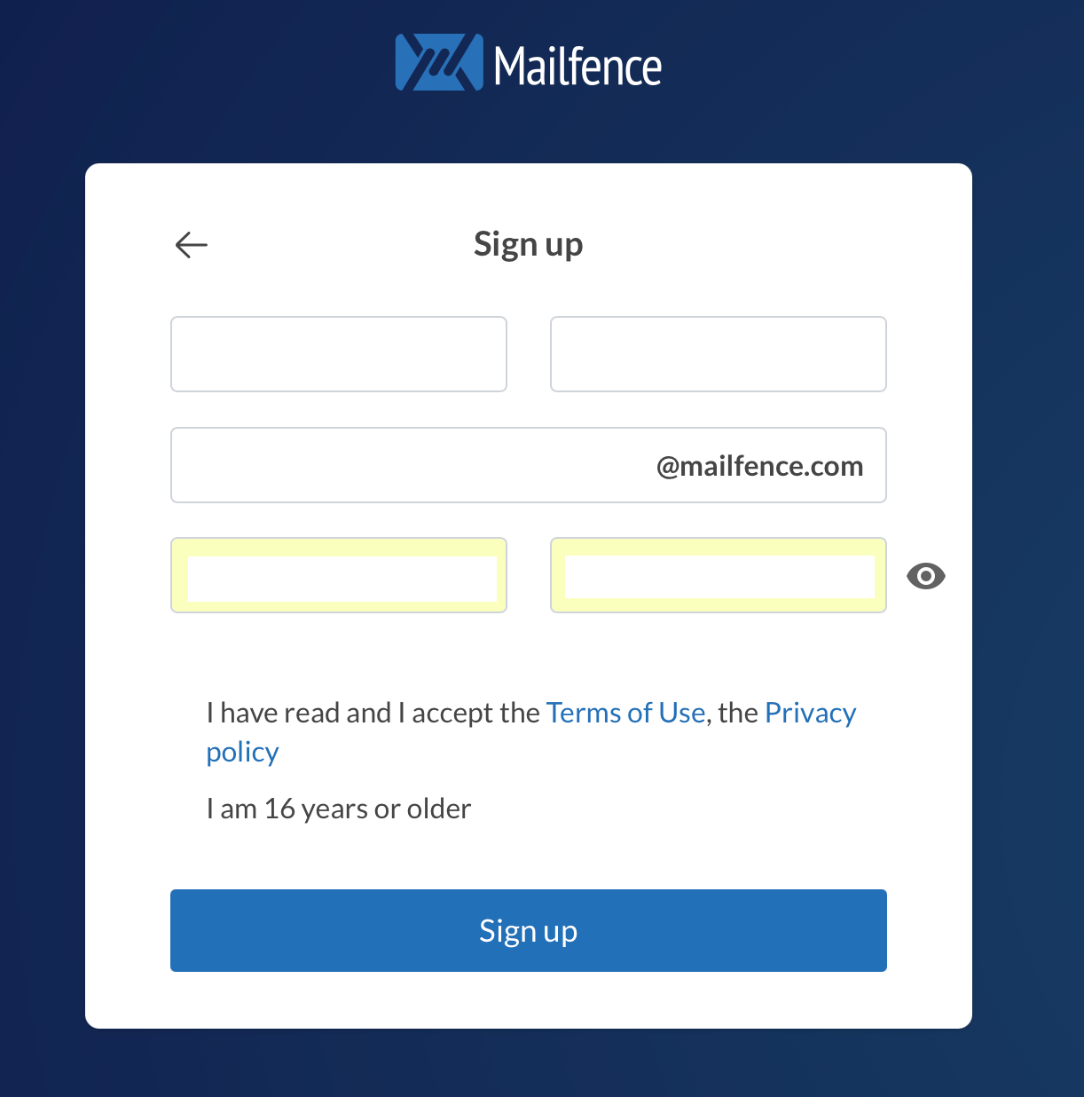 Mailfence Registrierungsformular